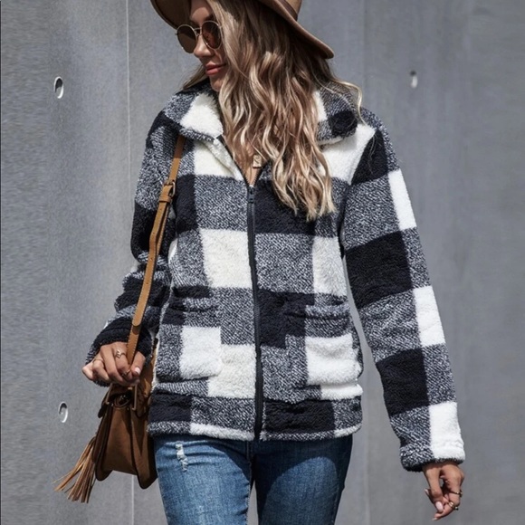 Gingham buffalo plaid zip up teddy jacket black - Picture 3 of 4